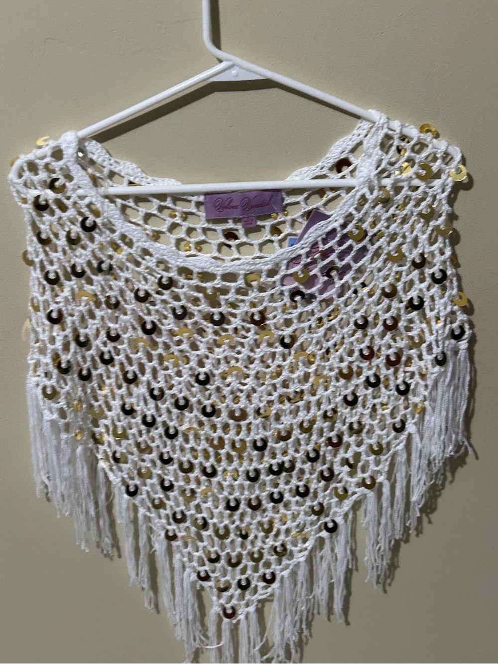 White Sequin Crochet Fringe Poncho by